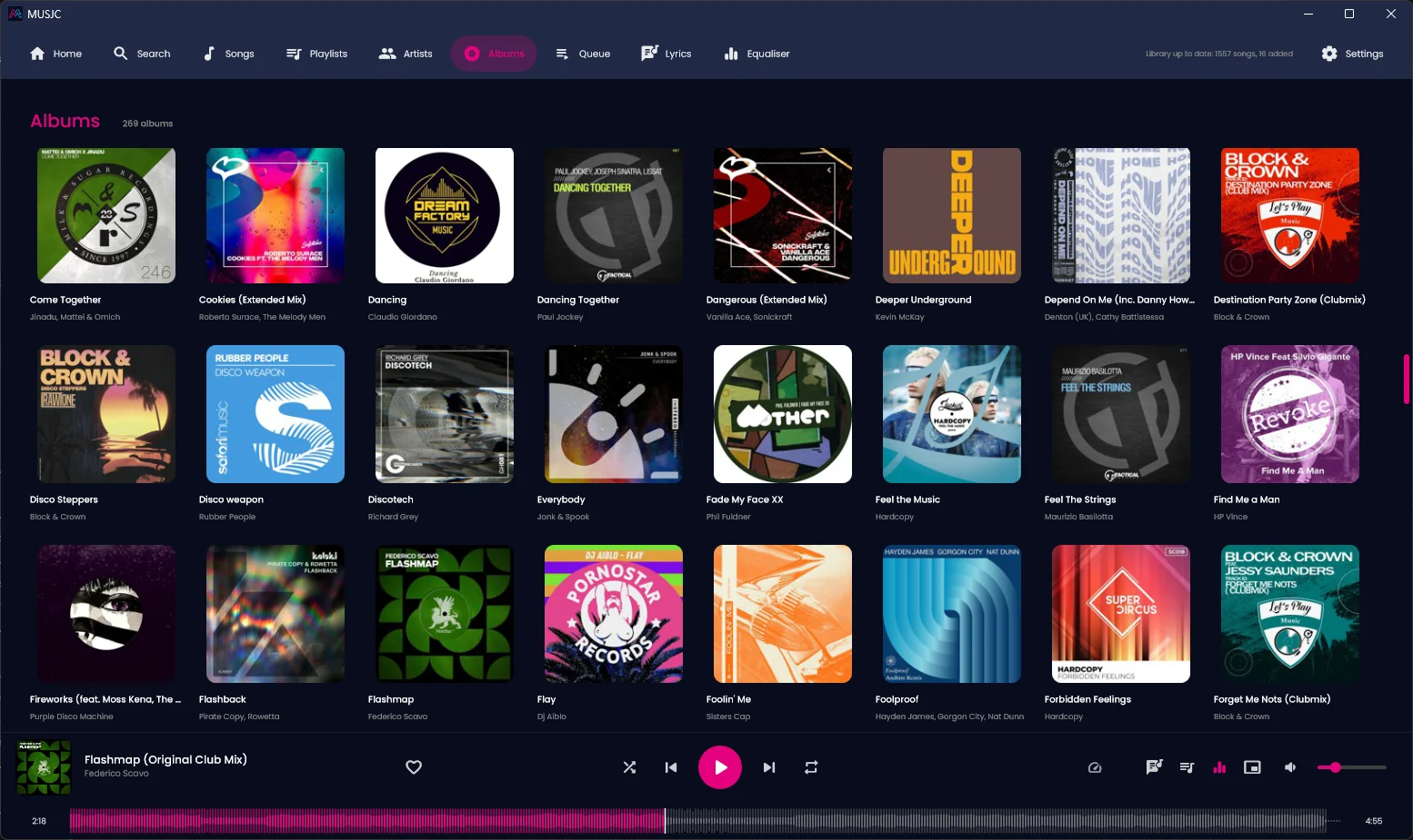 MUSJC's Albums view: a grid of album covers with each album's title and artist