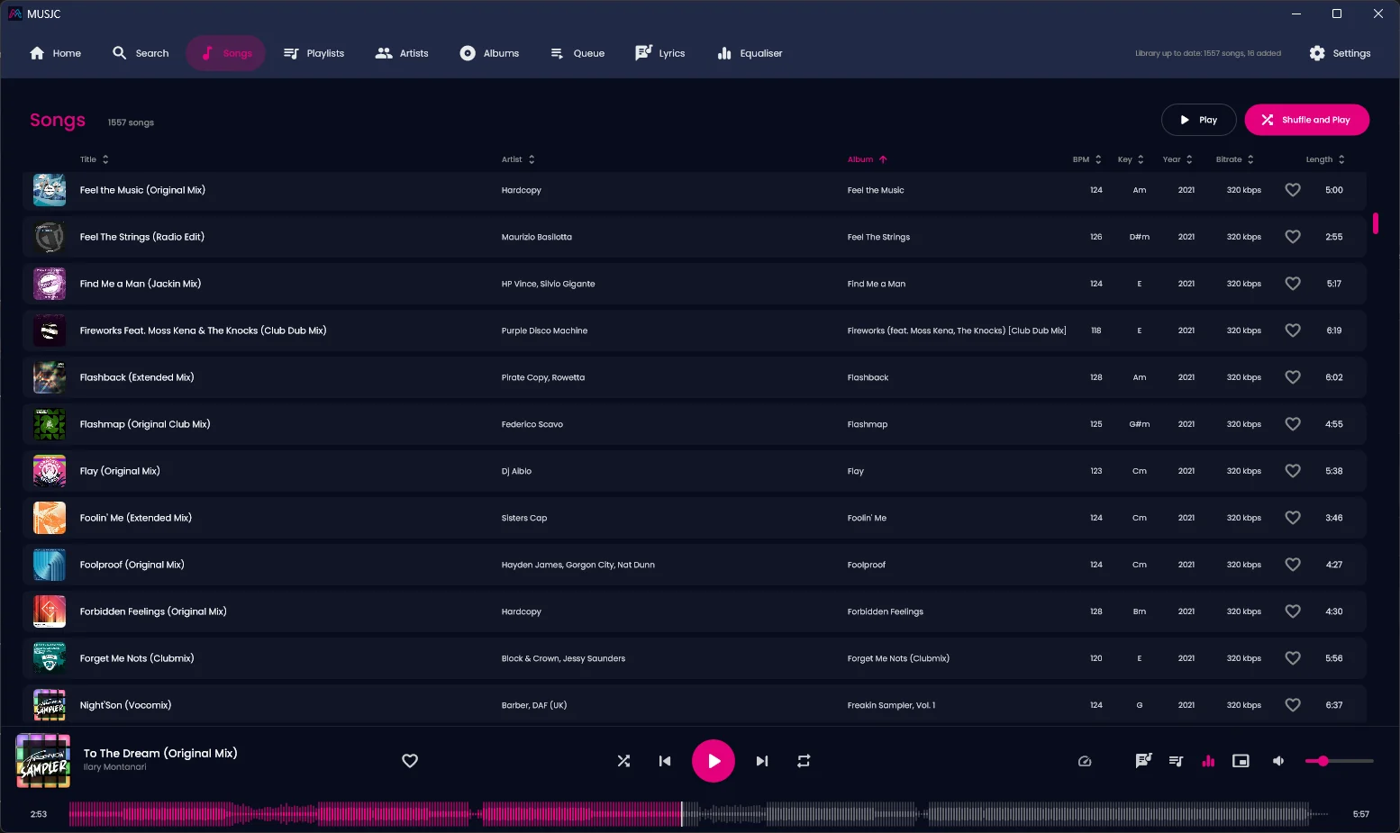 MUSJC's Songs list, with the BPM, key, year, bitrate and length of each track beside its title, artist and album